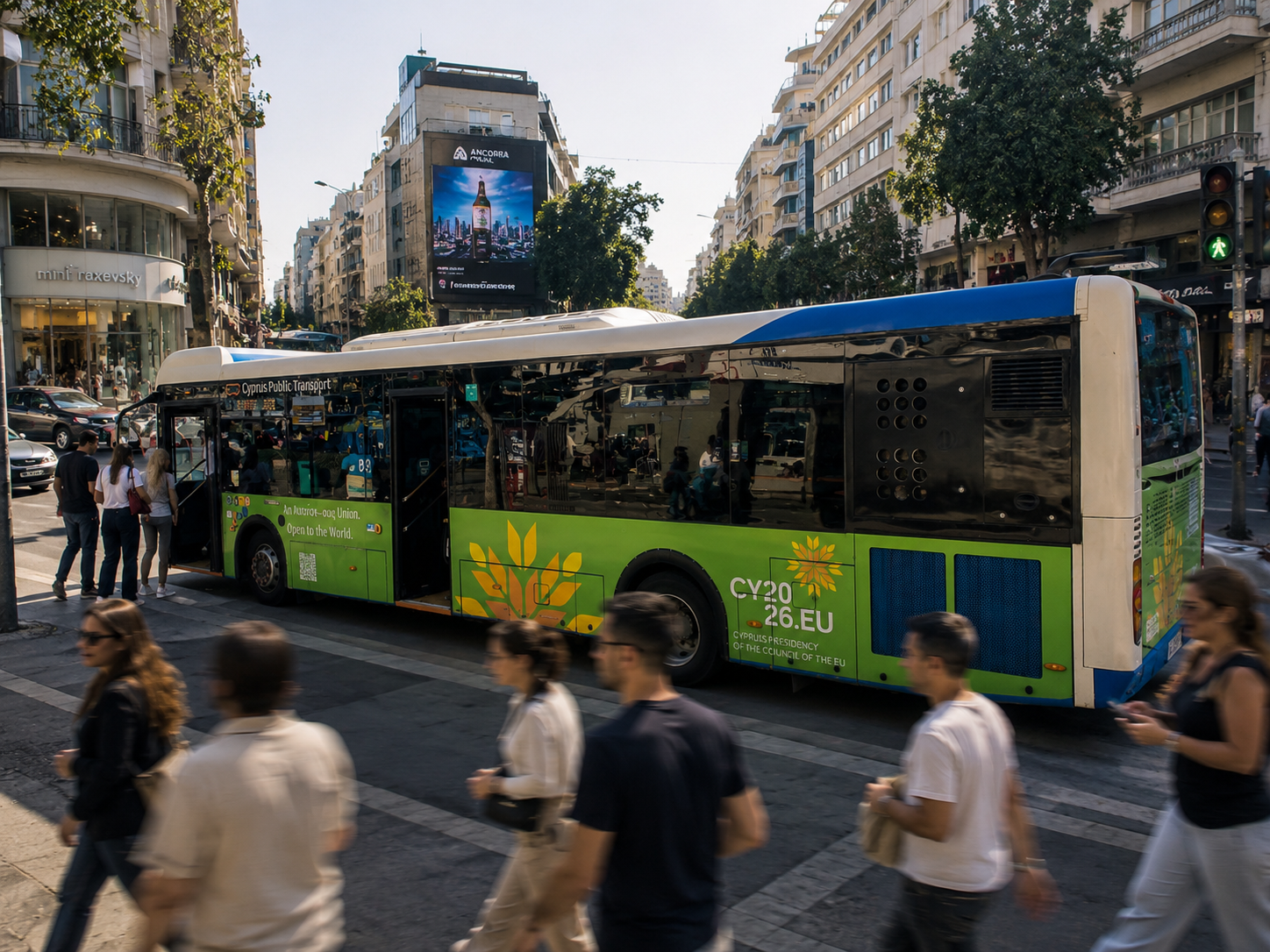 Cyprus Public Transport bus carrying a CY2026 EU Presidency campaign through the city centre
