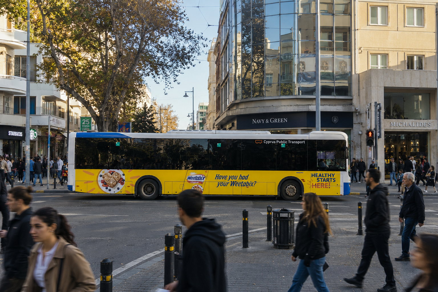 Weetabix bus campaign at a busy central Nicosia junction