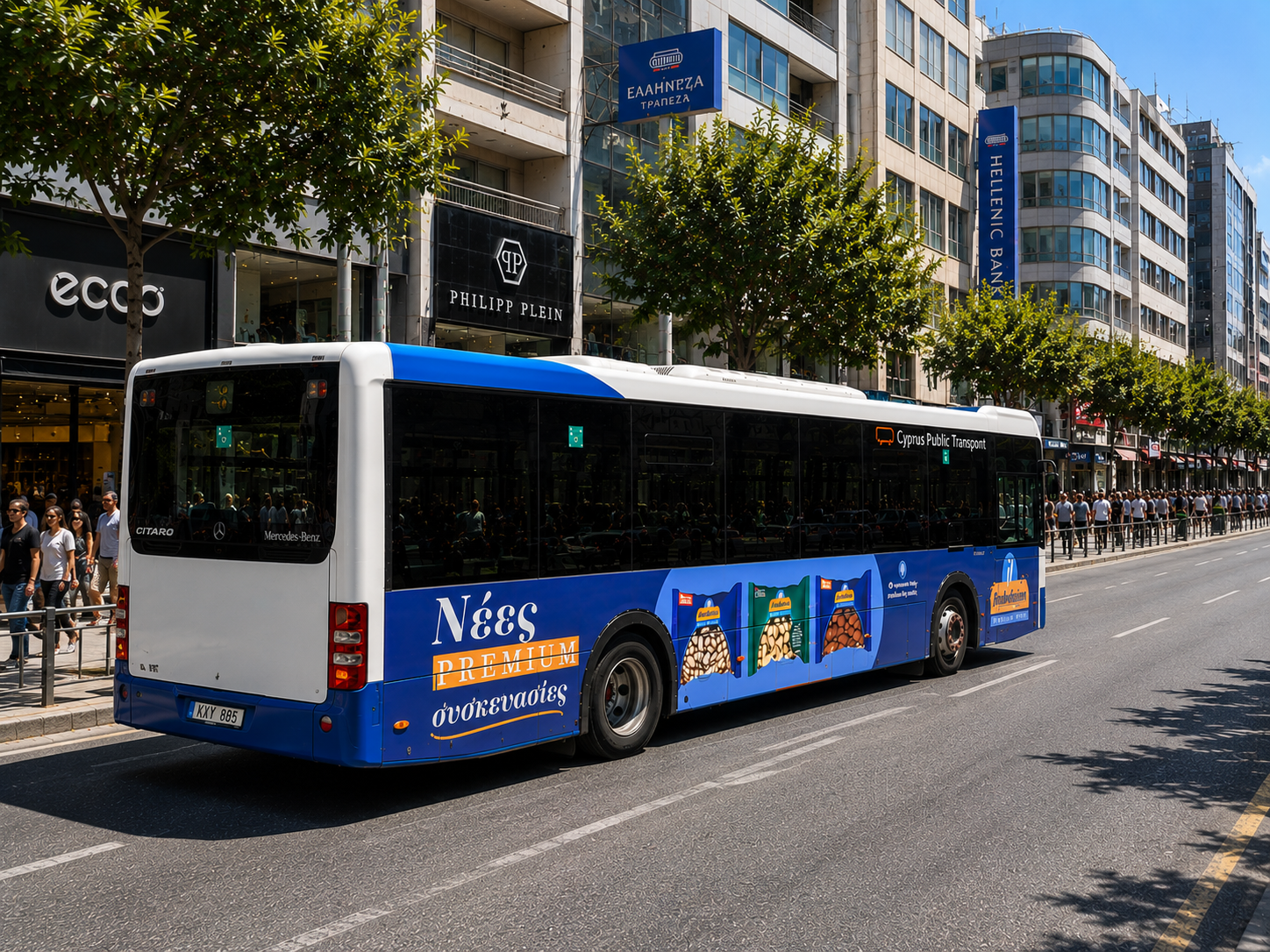 Premium rear-and-side advertising campaign on a Mercedes Citaro bus