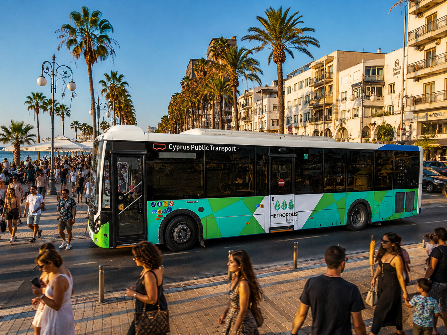 Metropolis Mall full wrap bus travelling along the Larnaca seafront promenade